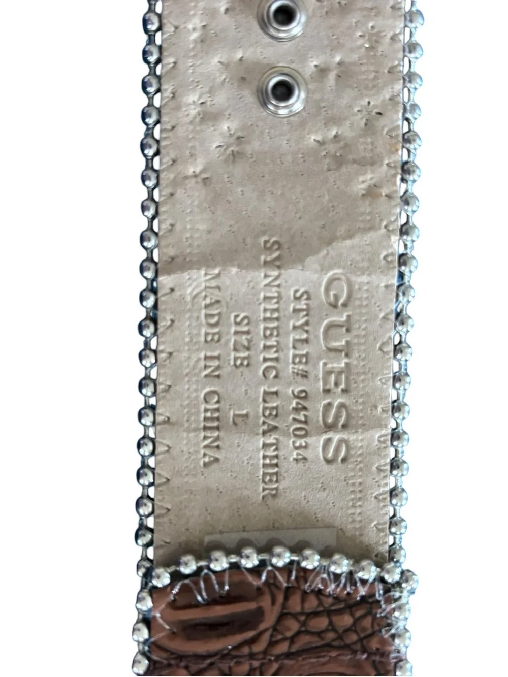 VTG Guess Faux Leather Rhinestone Metal Studded Western Belt Sz L Brown Buckle